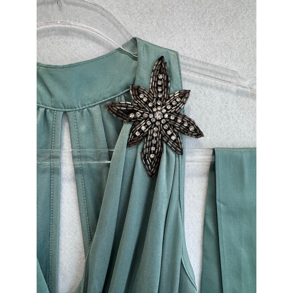 Vintage Y2K Sage Green Draped Halter Top Star Brooch Made USA v neck sexy Sz S - Picture 4 of 7